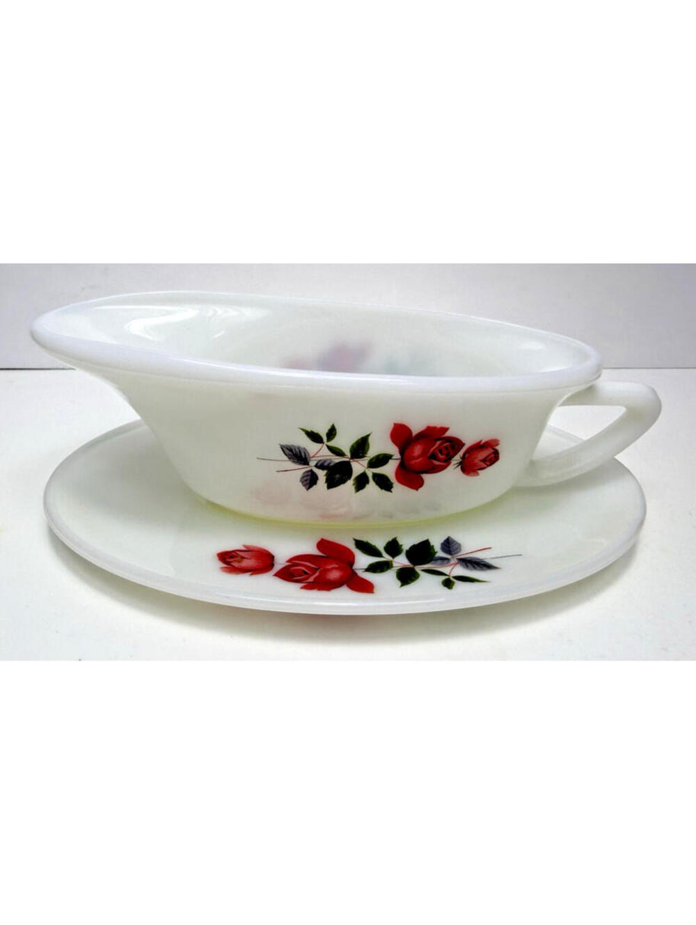 Vtg Glass JAJ Pyrex Gravy Boat w/Saucer White Glass Rose Design England